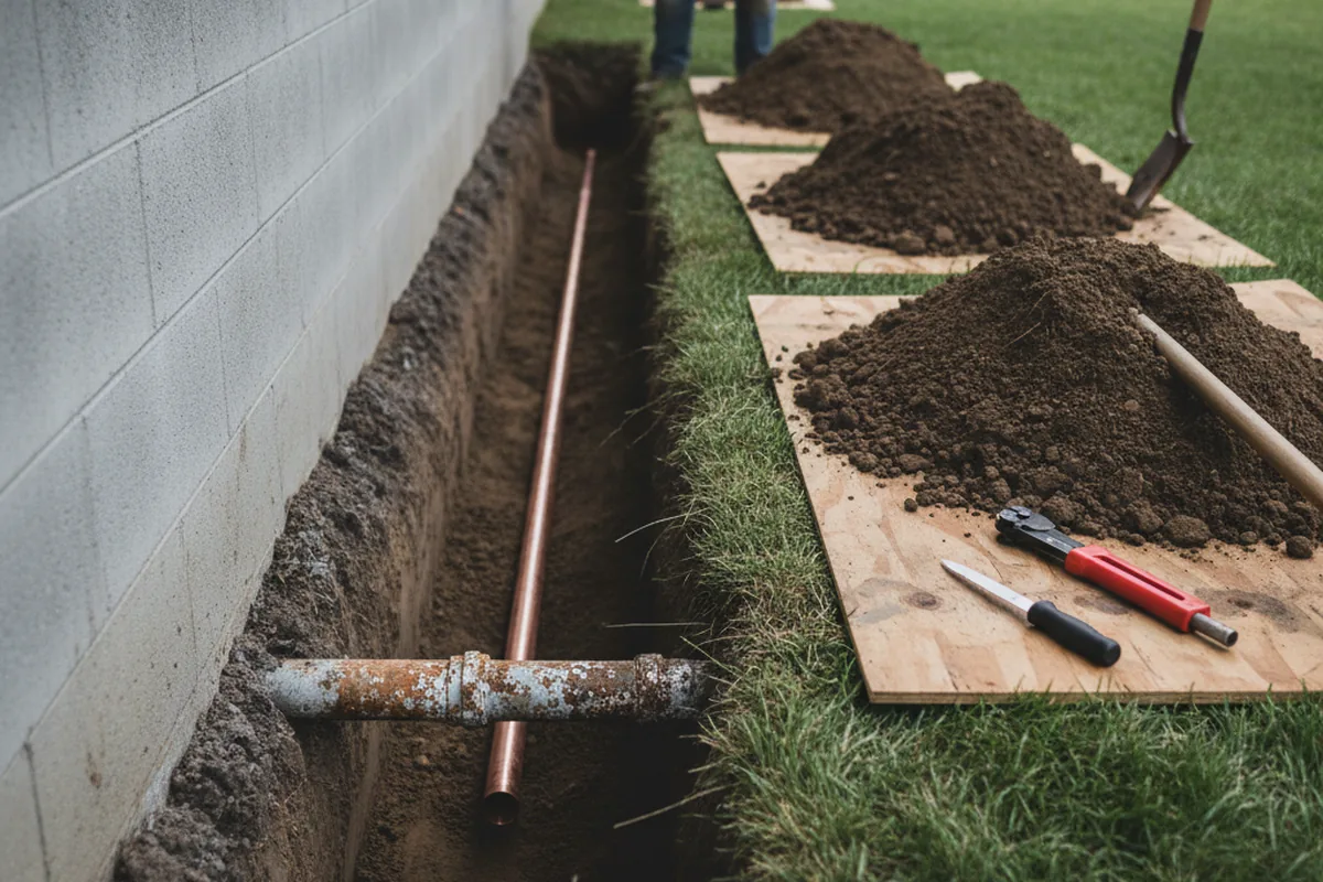 Excavated water line trench during Water Heater Repair in Moxee